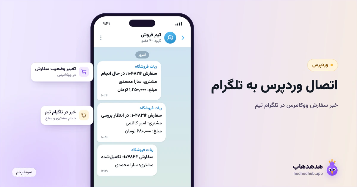 طرح نمونهٔ گروه تلگرامی تیم فروش که خبر تغییر وضعیت سفارش ووکامرس را با نام مشتری و مبلغ دریافت میکند