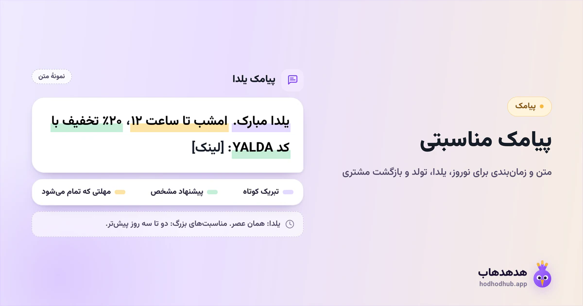 نمونهٔ متن یک پیامک مناسبتی یلدا با سه بخش مشخص: تبریک کوتاه، پیشنهاد روشن و مهلت