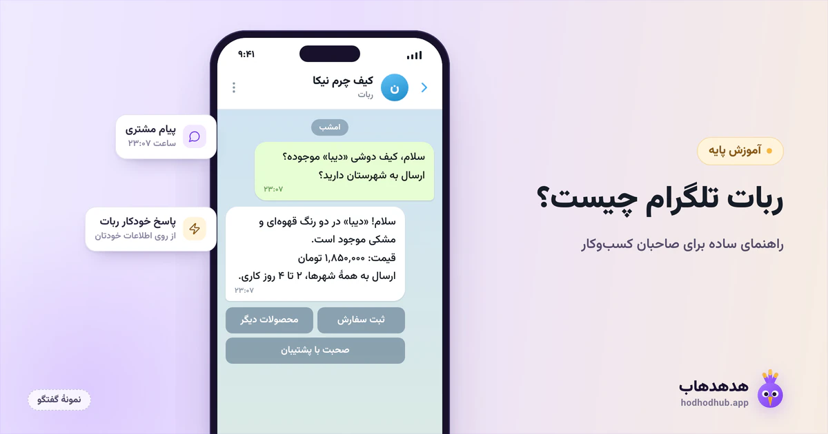 طرح نمونهٔ گفتگوی یک ربات تلگرام که نیمهشب به پرسش مشتری دربارهٔ موجودی و ارسال پاسخ خودکار میدهد